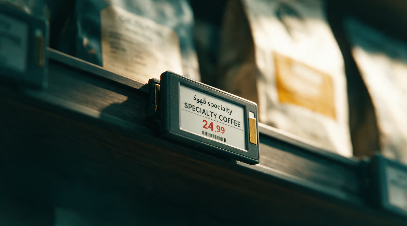 A close-up of an Iqran digital shelf display showing an Arabic and English product name and a price.